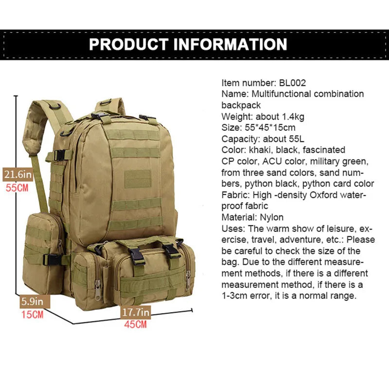 55L Tactical Backpack Men's Large Capacity