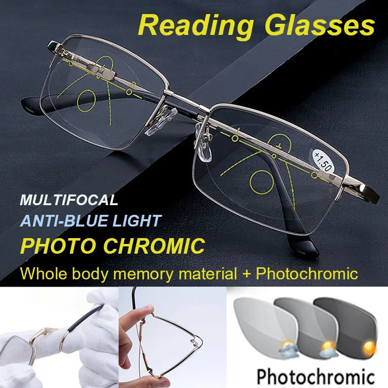 Titanium Photochromatic Multifocal Anti Blue Light Reading Glasses