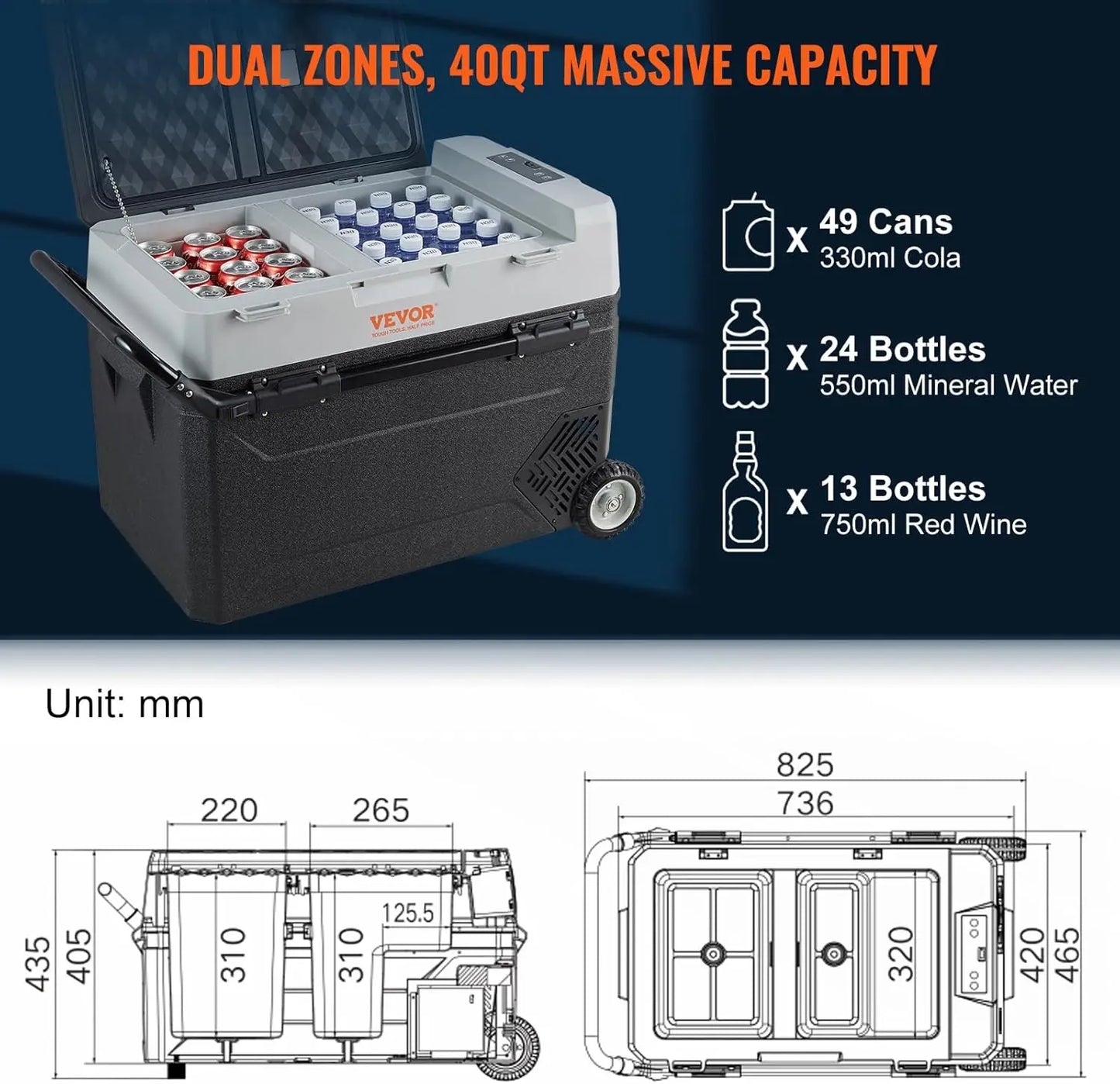 12 Volt Car Refrigerator Fridge 40QT/38L Dual Zone Portable Freezer